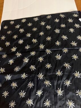 Black  square 100 percent silk Scarf with Silver & Gold Starburst Embroidery
